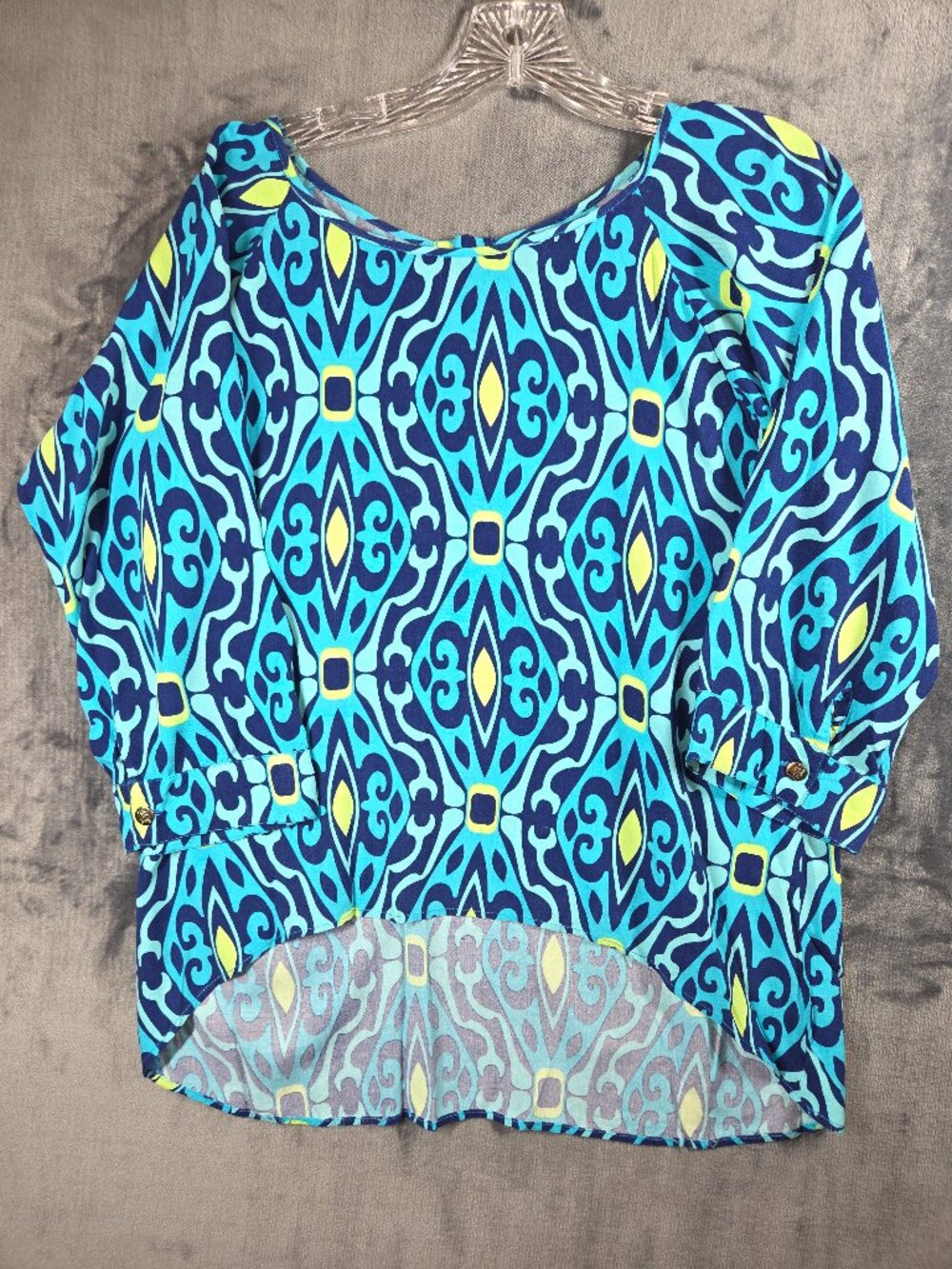 Escapada Women's Top Shirt Blouse Blue Yellow Geometric L/S Size M